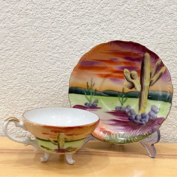 LEFTON Hand painted Southwestern Cactus Desert 3- footed Cup & Saucer Tea Set - Picture 1 of 13